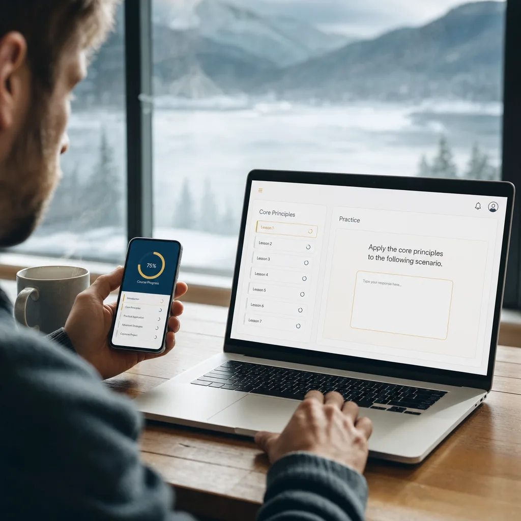 Inside the program: course dashboard with modules, lessons and reference guides